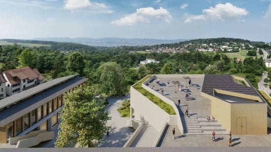Gesamtüberblick über das architektonische Konzept Vogelperspektive: 3D-Visualisierung eines Gemeinschaftszentrums mit Aussenanlagen